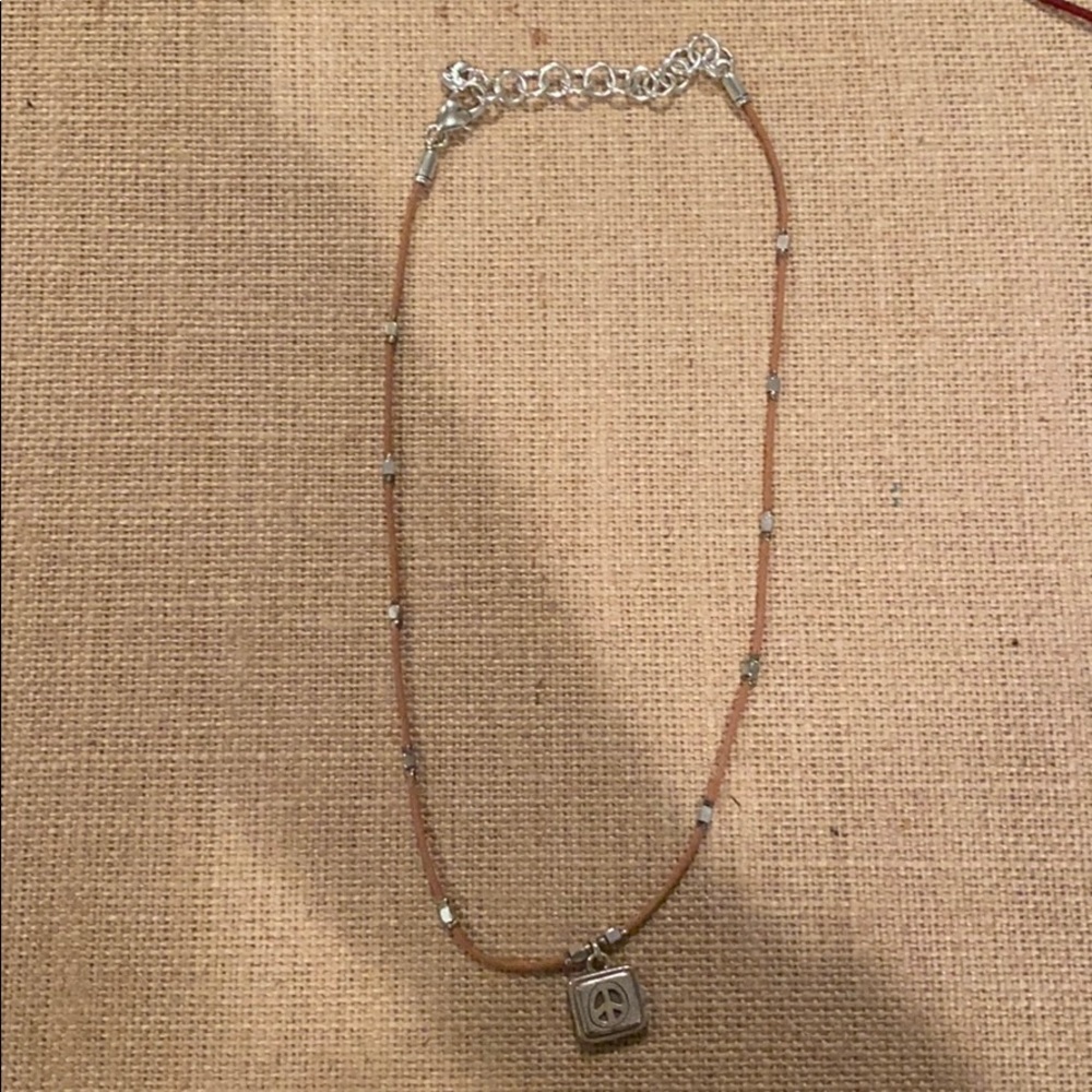 Brighton silver/leather cord love/peace necklace